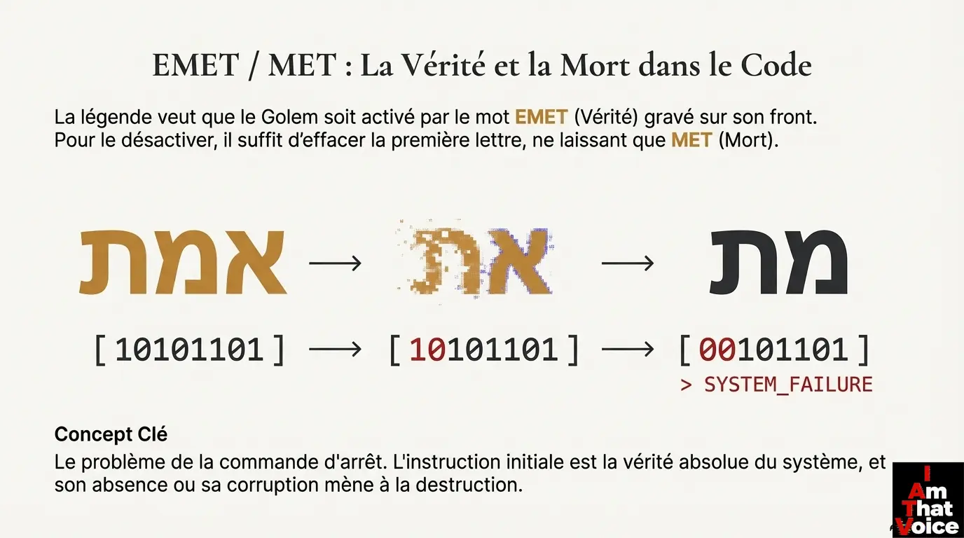 Illustration conceptuelle : Le mot hébreu EMET et le code binaire