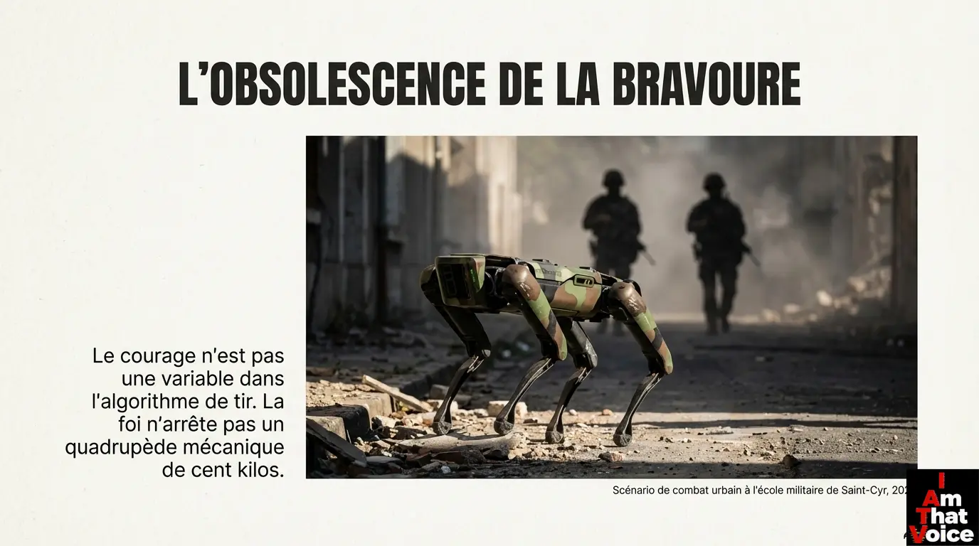 Robot militaire quadrupède camouflé en scénario de combat urbain
