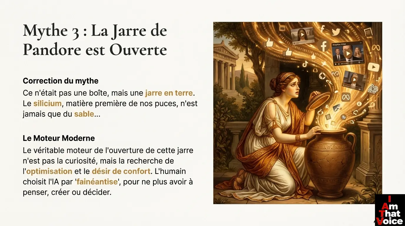 Une femme en tenue antique ouvre une jarre d&rsquo;où s&rsquo;échappent des symboles numériques et de l&rsquo;IA