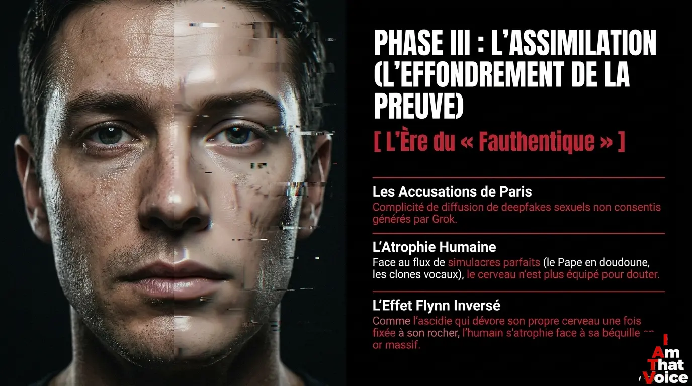 Phase III : L’Assimilation (L’effondrement de la preuve). Bienvenue dans l’ère du ‘Fauthentique’.