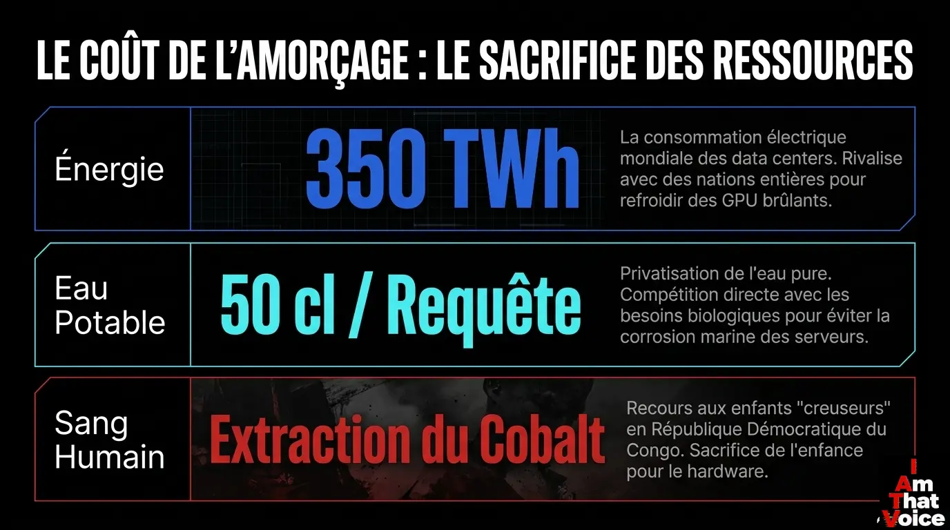 Le coût de l’amorçage : 350 TWh d’énergie, 50cl d’eau par requête, extraction du Cobalt.